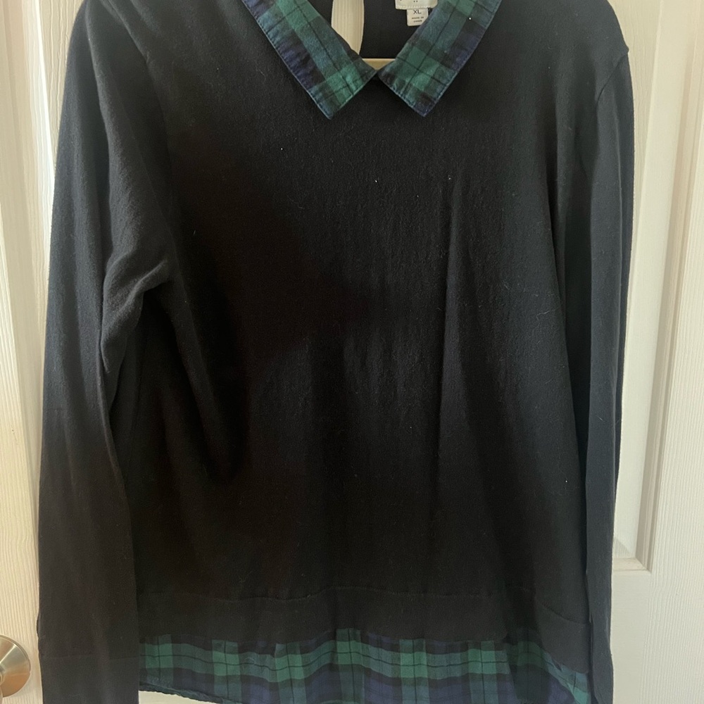 J. Crew Factory Black and Green Plaid Collar Top